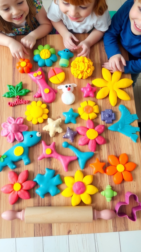 A collection of colorful dough crafts made by children, including animals and flowers, on a craft table with tools.